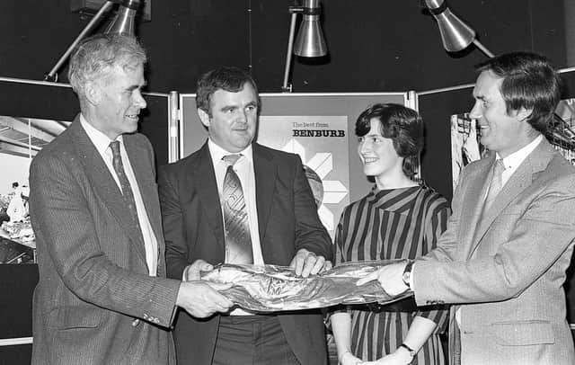 Pictured in January 1983 is Mr Vernon Smyth, left, deputy secretary of the UFU, talking to Mr Frank Foy, director of Benburb Meats. Mrs Lesley Murphy and Mr Bob Atkinson, administrative manager, look on. Picture: Farming Life/News Letter archives