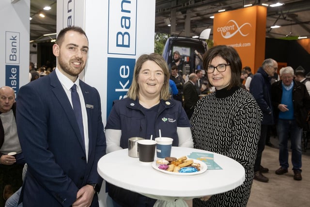Robert Dunwoody and Ann McCrory from Danske Bank chat with Barbara Alsorn from Rural Support at the Danske Bank stand during RUAS Winter Fair. (Pic: MCAULEY_MULTIMEDIA)