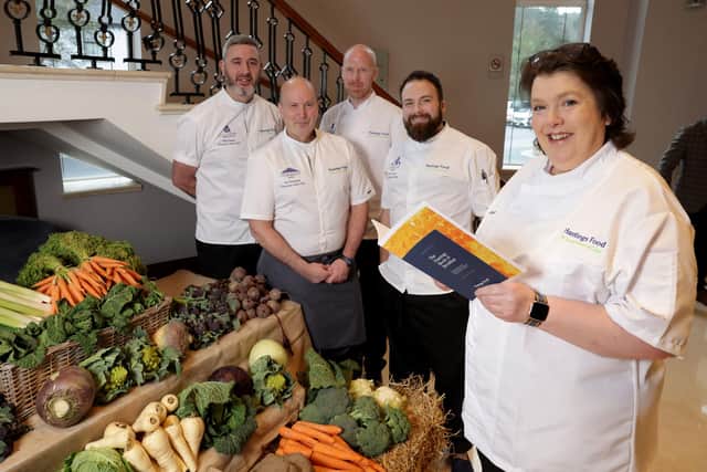 Hastings Hotels celebrates the Local Power of Good. Hastings Hotels launched its new ‘The Hastings Book of Breakfast’ which showcases some of its local suppliers at a breakfast event hosted by celebrity chef, Paula McIntyre, in the Culloden Estate & Spa. The event was attended by over 200 guests from Northern Ireland’s tourism and hospitality industry and celebrated not just the suppliers featured in the booklet, but the extensive list of local food and beverage companies that supply Hastings Hotels throughout the year. Paula McIntyre is pictured at the event with Executive Head Chefs from Hastings Hotels Mark Begley of the Culloden Estate & Spa, Jay Eisenstadt of Stormont Hotel, Damian Tumilty of the Grand Central Hotel and Kyle Greer of the Europa Hotel. Photo by Press Eye