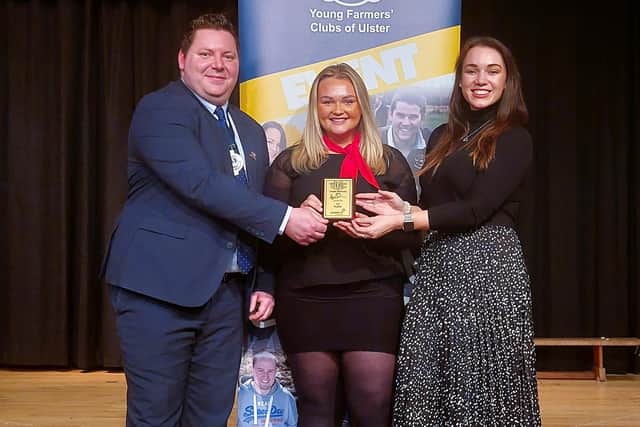 Pictured is Stephanie Millar, Coleraine YFC who was awarded the best solo at the YFCU annual choir festival. Also pictured, YFCU president, Stuart Mills, and Power NI’s commercial marketing manager, Amy Bennington. Picture: YFCU