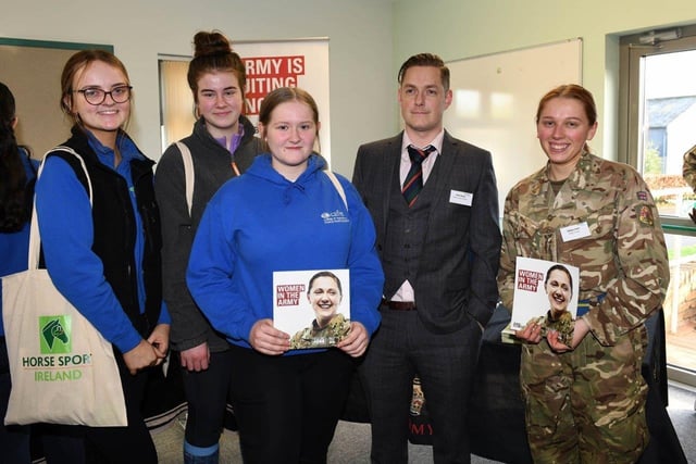 CAFRE Enniskillen Campus Level 3 students Flo Dowds (Lisburn), Aoife Gribben (Armagh) and Courtney Carlisle (Killinchy) talk army careers with Colin Scott and Robyn Hart.
