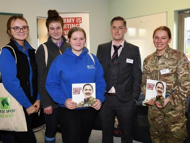 CAFRE Enniskillen Campus Level 3 students Flo Dowds (Lisburn), Aoife Gribben (Armagh) and Courtney Carlisle (Killinchy) talk army careers with Colin Scott and Robyn Hart.