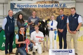 Champion Holstein calf was Damm Renegade Sallie exhibited by the Simpson family, pictured with Ashley Fleming, NI Sales Manager AHV, Mark Henry, Isaac Moore, Lauren Henry, handler, Jason Helen, judge & Phil Donaldson, Thompsons. (Pic supplied by NIHYB)