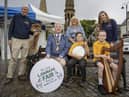 Mayor of Causeway Coast and Glens, Councillor Steven Callaghan and Deputy Mayor, Councillor Margaret Anne McKillop pictured with Terence and Mary Clare from Trench Farm, with musicians from Baile an Chaistil Comhaltas at the launch of the Ould Lammas Fair 2023. Pic: McAuley Multimedia