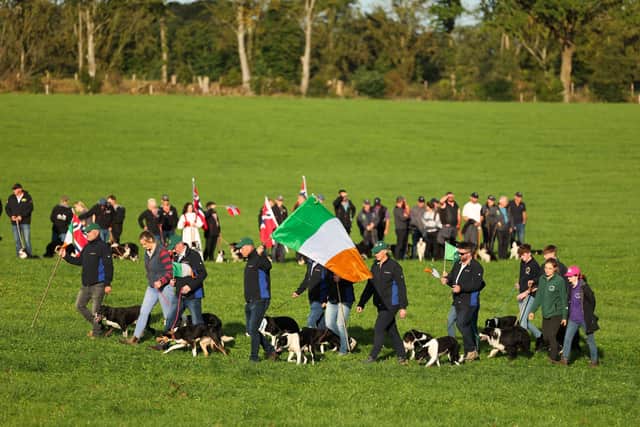 Pictured at the opening ceremony of the World Sheepdog Trials, are handlers representing Ireland, including members of the Team who triumphed during the Teams competition on Thursday, at Gill Hall Estate, Dromore. (Pic: Kelvin Boyes)