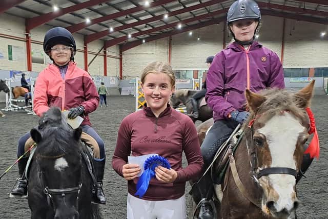 Winners of the 60cm Open class, Ella-Jane Johnston on Archie (third), Kayla Donnelly who rode Bleech (second) and Sophie Johnston on Speedy (first). (Pic supplied by Ecclesville)