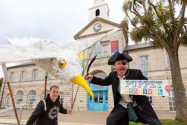 Pirate Stephen Beggs and Matt Vernon of Beat Carnival pictured in Conway Square, Newtownards, ahead of this year's sea-themed Ards Puppet Festival (Credit: Ricky Parker)