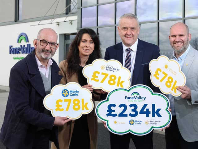 Left to right: Conor O’Kane, Senior Partnerships Manager - Marie Curie, Alison Reynolds, Corporate Partnerships Officer – Irish Cancer Society, Trevor Lockhart MBE, Fane Valley Group Chief Executive and Phil Alexander, Chief Executive Officer - Cancer Fund for Children. Pic: PressEye