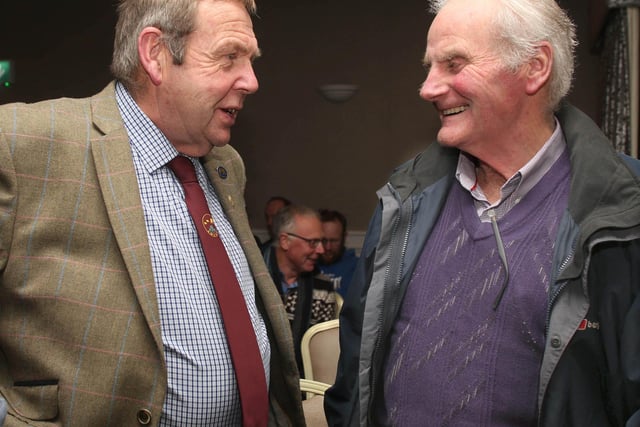 Hugh McClymont (left) from Scotland, the guest speaker at Fermanagh Grassland Club, in conversation with Reggie Alcorn, Omagh. Pic: Raymond Humphreys