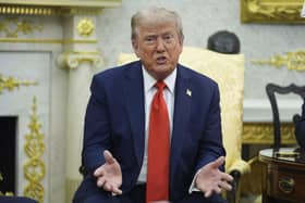 President Donald Trump speaks during a meeting with Polish President Karol Nawrocki in the Oval Office of the White House, Wednesday, Sept. 3, 2025, in Washington. (AP Photo/Evan Vucci)
