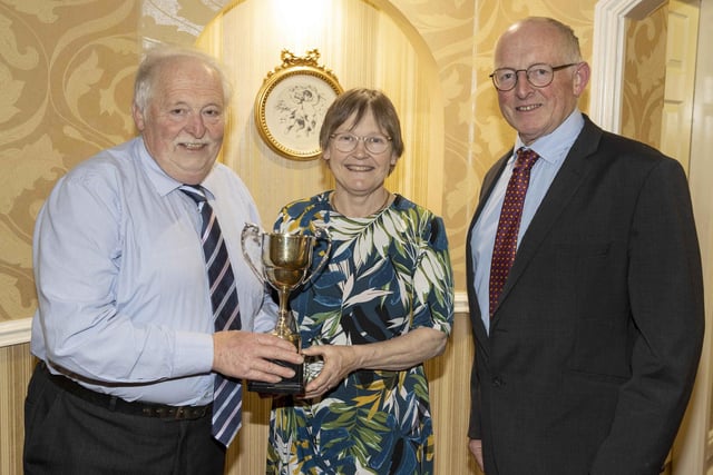 The Ulster Bank Cup for the best small herd in the premier section was won by Jim and Jeanie Morrison, Inch Genetics, Downpatrick. They were congratulated by Holstein UK chairman Michael Smale. Picture: Kevin McAuley/McAuley Multimedia