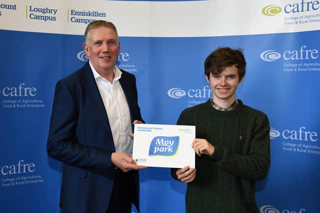 Harry McKay (Ballymena) was awarded with the Moy Park Scholarship by David Gibson at the Greenmount Campus Industry Awards event. Harry received the Scholarship with the additional opportunity to complete his paid work placement year, as part of his BSc (Hons) Degree in Sustainable Agriculture with the business. Harry is completing his second year of the degree having been a past pupil of Cambridge House Grammar School, Ballymena. (Pic: CAFRE)