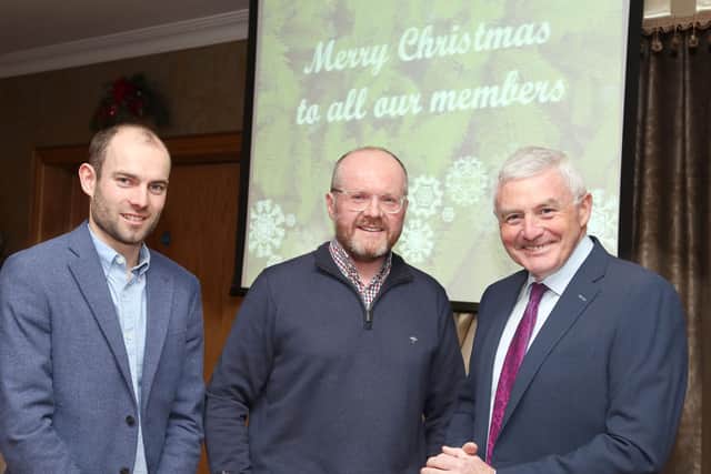 Seamus McCaffrey (right) an accountant from Omagh, and guest speaker at Fermanagh Grassland Club, with club chairman Nigel Graham (left) and secretary William Johnston.  