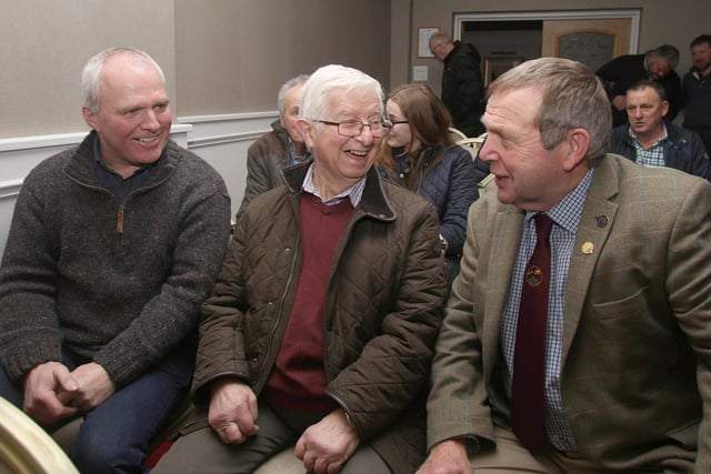 Hugh McClymont (right) from Scotland, the guest speaker at Fermanagh Grassland Club, in conversation with (from left) Michael and Alan Kyle, Omagh. Pic: Raymond Humphreys