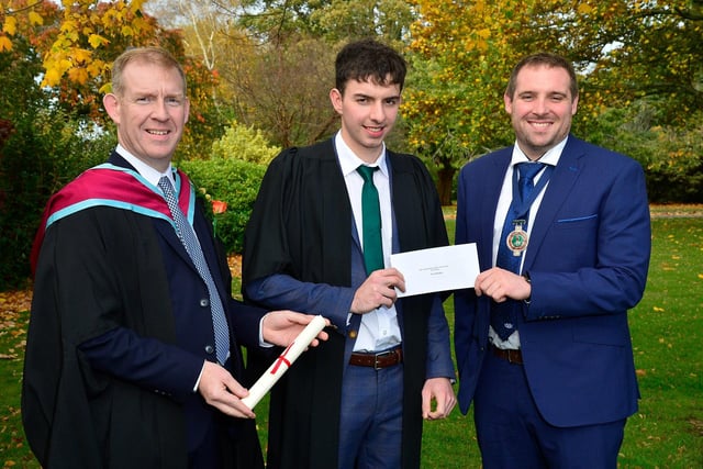 Peter Haughey (Newry) received the Young Farmers’ Clubs of Ulster Prize for progress from Peter Alexander (President YFCU) and was congratulated by Joe Mulholland (Course Manager, CAFRE).