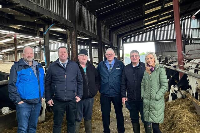 DEFRA Minister Mark Spencer and Carla Lockhart MP with John Martin, Holstein NI, and dairy farmers Charlie Weir, Alan Irwin and Gary McHenry.