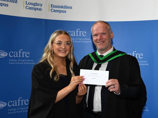 Chloe Millar (Benburb) was presented with the Dale Farm Award for best performing Level 3 Food Technology student at the Loughry Campus Further Education Awards Ceremony. Chloe was congratulated by Fintan McCann (Head of Food Education, CAFRE). Chloe intends to continue her studies at CAFRE having applied for the BSc (Hons) Degree in Food Innovation Management at Loughry Campus. (Pic: CAFRE)