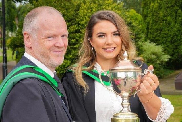 Orla Lavery (Aghalee) was presented with the Collette O’Neill Memorial Cup awarded to the student who contributed most to life at Loughry during the past academic year. Orla was presented with the award by Fintan McCann (Head of Food Education, Loughry Campus, CAFRE) when she graduated with a BSc (Hons) Degree in Food Technology. Pic: CAFRE