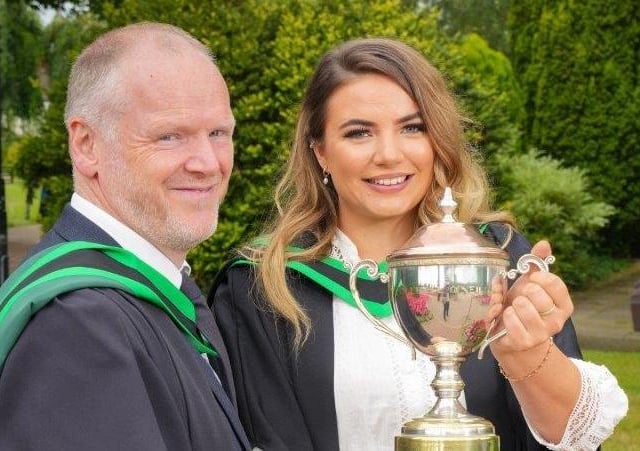 Orla Lavery (Aghalee) was presented with the Collette O’Neill Memorial Cup awarded to the student who contributed most to life at Loughry during the past academic year. Orla was presented with the award by Fintan McCann (Head of Food Education, Loughry Campus, CAFRE) when she graduated with a BSc (Hons) Degree in Food Technology. Pic: CAFRE