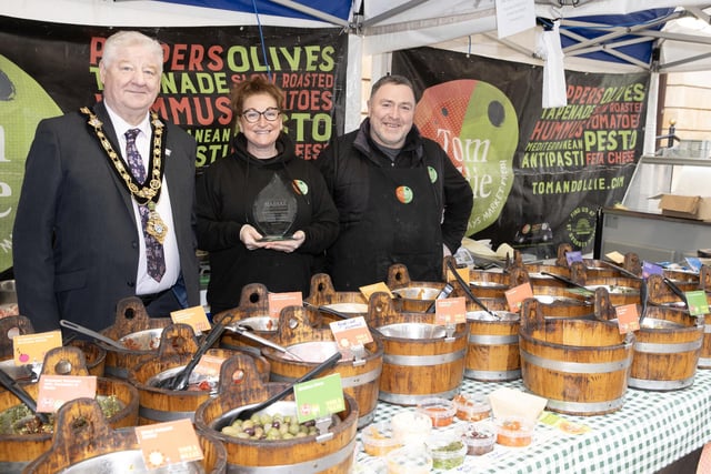 Tracey and Shay Mullan from artisan producers Tom &amp; Ollie with Mayor, Councillor Steven Callaghan. Pic: McAuley Multimedia