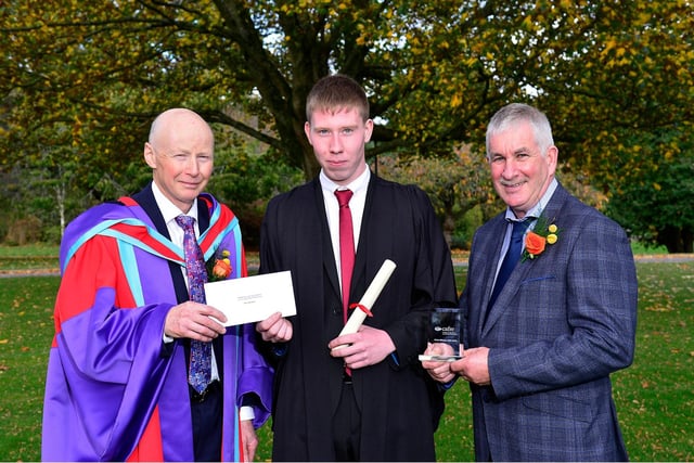 Dara Bradley (Kilrea) received the Department of Agriculture, Environment and Rural Affairs Prize for being the top student on the Level 3 Advanced Technical Extended Diploma in Land-based Engineering course. Dara received his award from Victor Chestnutt (Immediate Past President of the Ulster Farmers’ Union), and Dr Eric Long (Head of Education, CAFRE) at the Greenmount Campus autumn graduation event.