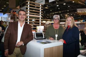 Ghilian Campbell, Visit Armagh (centre); with David Wood and Breige Coward, both Tourism Ireland, at World Travel Market in London. Picture: Malcolm McNally