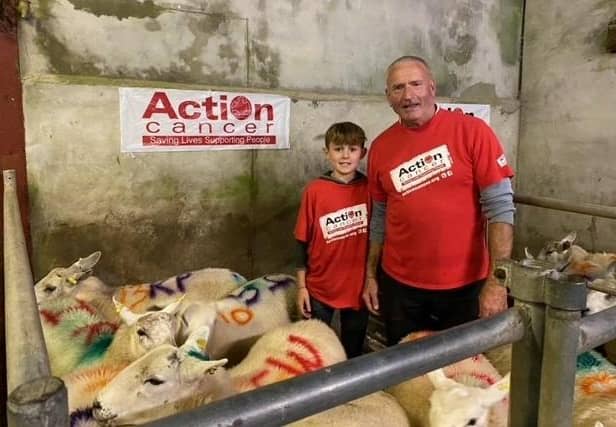 Raffrey farmer Dee Heron and his grandson Harry auctioning sheep at the Saintfield Mart. Picture: Action Cancer