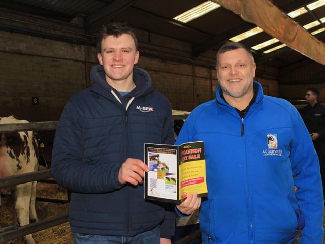 Dungannon Dairy Sale judge James Patton, with sponsor David Dunlop from AI Services (NI) Ltd. Picture: Julie Hazelton