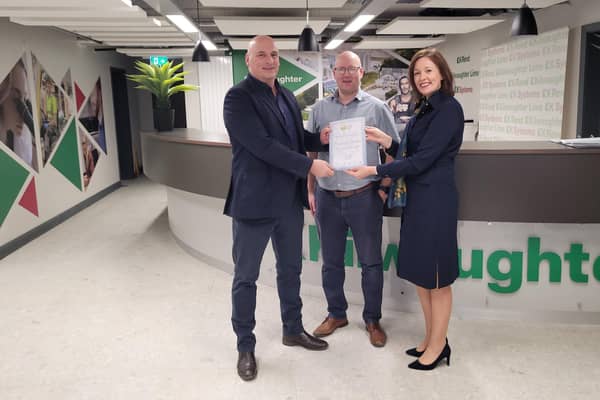 UFU deputy president John McLenaghan welcoming Jonny Rice, agri product manager and Caroline Rowley, business development director as its newest corporate member.