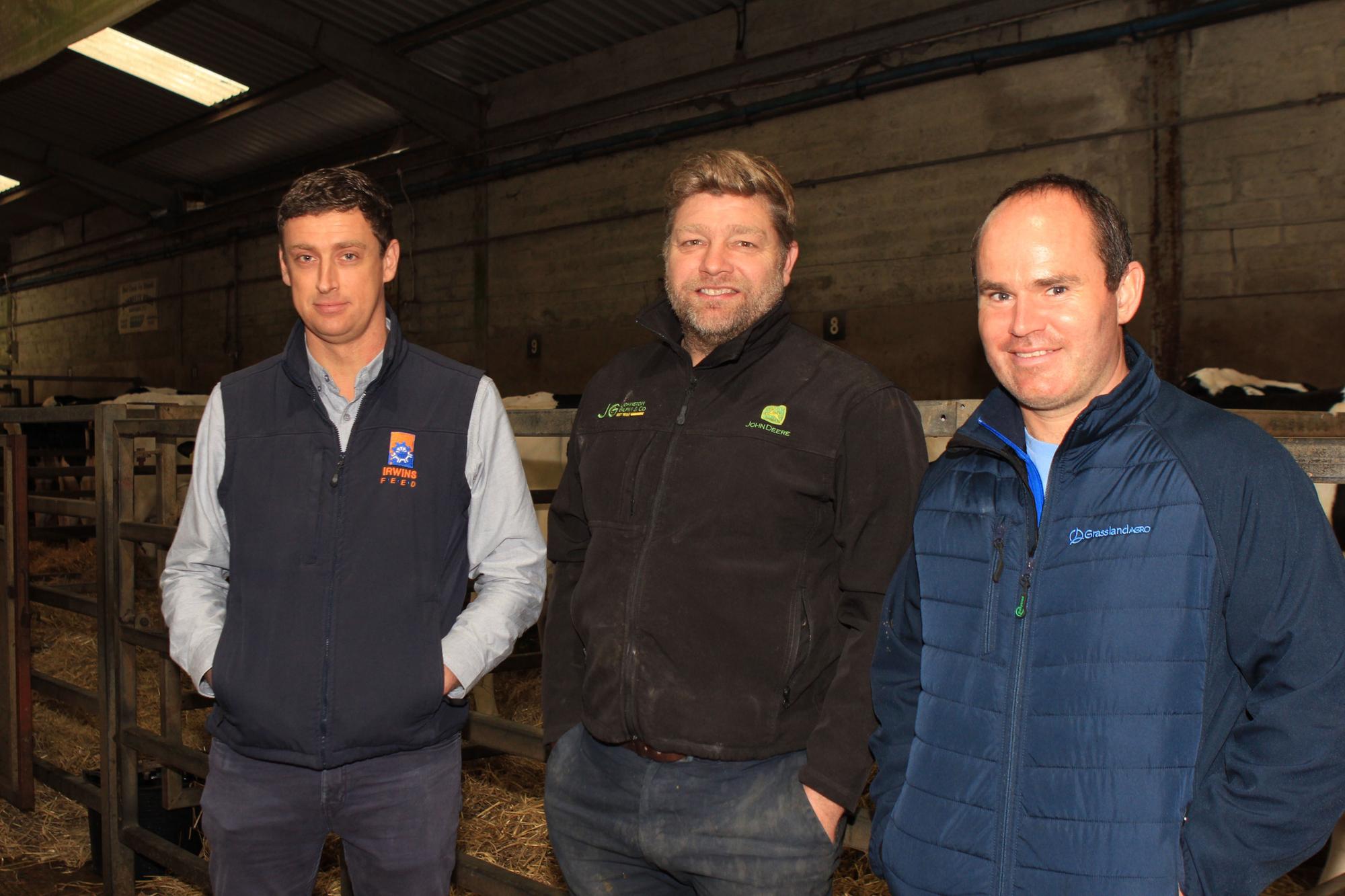 Vendors Simon Haffey, Portadown, and Jason Booth, Stewartstown, Andrew West from Irwin’s Feed. Picture: Julie Hazelton