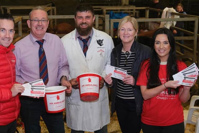 Launching the grand raffle in memory of Keith Forsythe at the NI Aberdeen Angus Club’s recent calf show in Dungannon, are Damien McAnespie (Air Ambulance Northern Ireland) with Ivan, Neville and Nicole Forsythe, and Yvonne McGaw. Picture:: Columba O’Hare/newry.ie