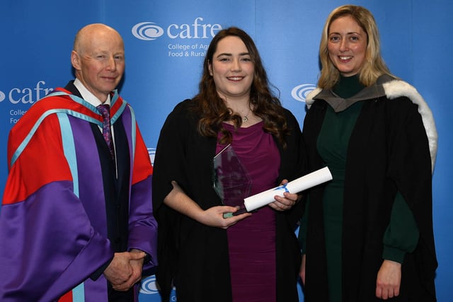 The Department of Agriculture, Environment and Rural Affairs Prize was awarded to the best Veterinary Care Support student, Amy Patterson (Magherafelt). Congratulating Amy on her outstanding achievement was Gemma Daly, (Guest Speaker and Director of Enzootic Control, Animal Welfare and Field Delivery Division, DAERA) and Dr Eric Long (Head of Education, CAFRE). (Pic: CAFRE)