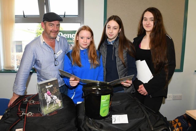CAFRE Enniskillen Campus Level 2 students Grace Griffiths (Dungannon), Rachel Madden (Limavady) and Louise Byers (Lurgan) pictured with Wayne Maye, Thyolo Equestrian.