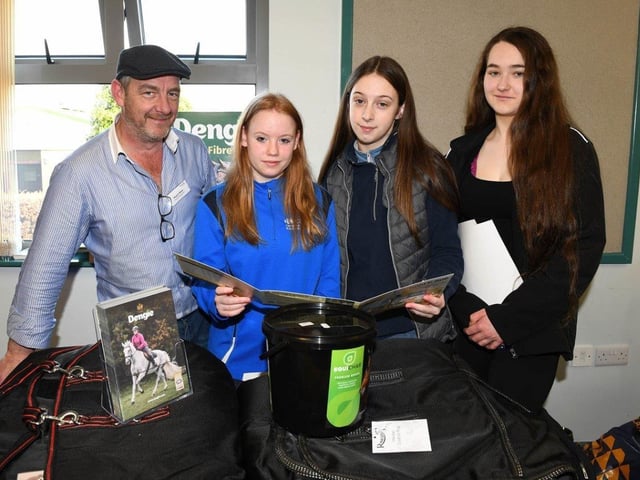 CAFRE Enniskillen Campus Level 2 students Grace Griffiths (Dungannon), Rachel Madden (Limavady) and Louise Byers (Lurgan) pictured with Wayne Maye, Thyolo Equestrian.