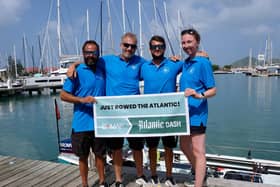 The Brightsides rowing team arrive in Antigua after rowing 3,200 miles across the Atlantic Ocean (photo credit – C-Map Atlantic Dash)