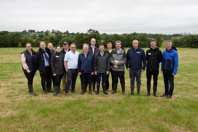 Minister Andrew Muir, NI Department of Agriculture, Environment and Rural Affairs, centre, with the speakers at the event that was held at Niall and Padraig Hughes farm in Emyvale. Picture: Rory Geary