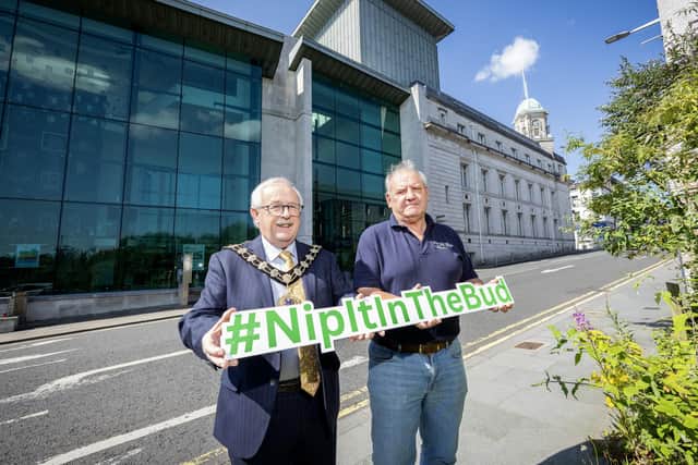 Mayor of Mid and East Antrim, Alderman Thomas Gordon is pictured with George Doherty, Programme Officer at(FCN Northern Ireland.
