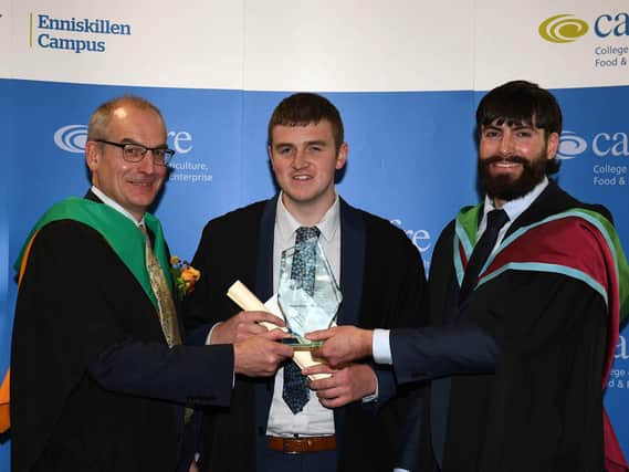 Iain Perry (Kilkeel) was awarded with the Department of Agriculture, Environment and Rural Affairs Prize at the Greenmount Graduation Ceremony. Iain was top student on the Level 2 Work-based Agriculture programmes and was congratulated by Martin McKendry (CAFRE Director) and Malachy Morgan (Agriculture Lecturer, CAFRE).