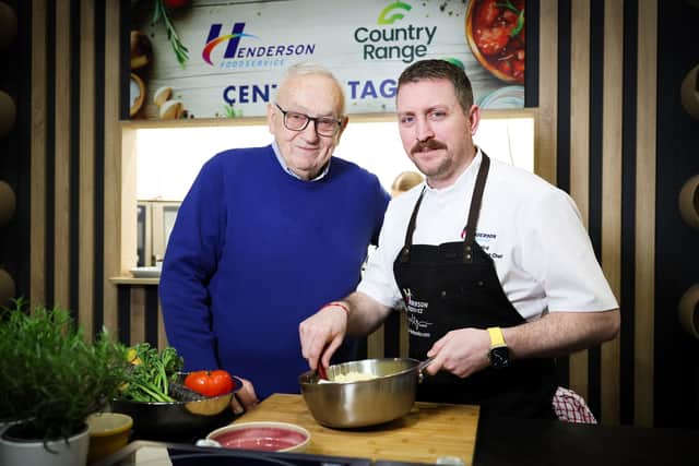 Chef Pierre Koffmann is pictured with Business Development Chef at Henderson Foodservice, Geoff Baird after announcing his exclusive island of Ireland supply partnership with Henderson Foodservice at IFEX