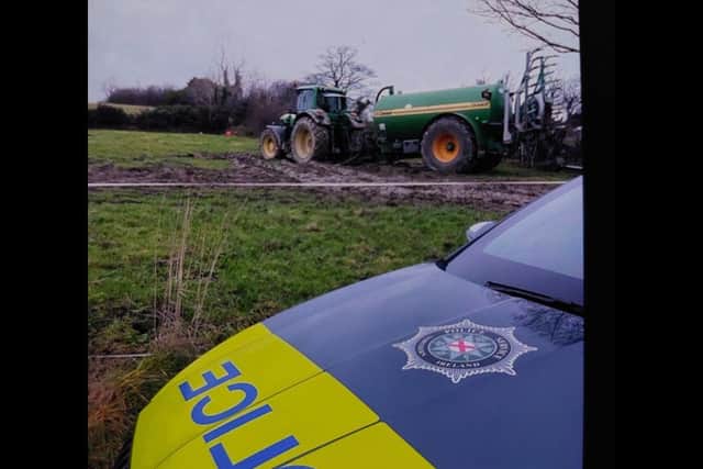 The tractor and slurry tanker, stolen in County Kerry earlier this week, have been located in South Armagh. Image: Facebook/Police Armagh, Banbridge & Craigavon