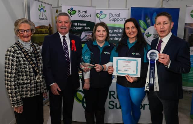 The Best Small Trade Stand at this year’s Royal Ulster Winter Fair in association with sole sponsor Danske Bank was awarded to Rural Support. Pictured at the awards presentation were RUAS President Christine Adams, Judge Ian Wilson, Barbara Alcorn, Bronagh Brennan and Danske Bank’s Head of Agribusiness Rodney Brown. Picture: Brian Thompson