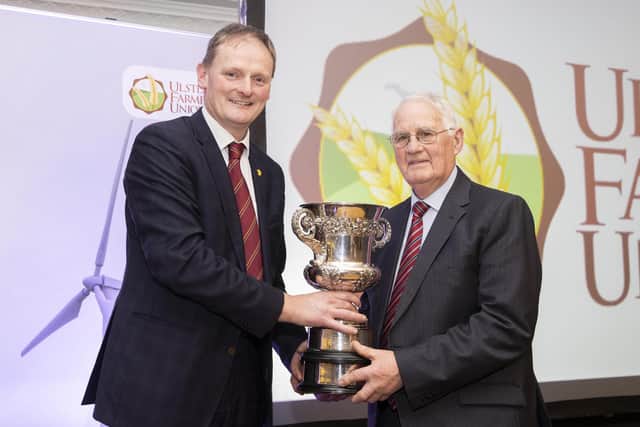 Billy Martin OBE FRAgs wins BT cup at UFU annual dinner 2023