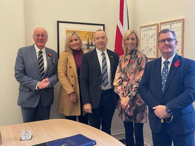 The DUP delegation pictured with Northern Ireland Secretary of State Chris Heaton-Harris. (Picture supplied by Carla Lockhart)