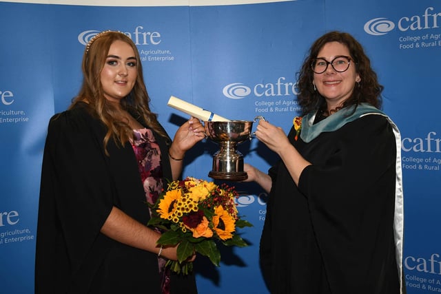 Grace Thompson (Lisburn) was presented with the Victoria Rose Bowl for progress in practical Floristry by Lori Hartman (Senior Lecturer, CAFRE). Grace graduated with a Level 2 Technical Certificate in Floristry and has progressed on to study on the Level 3 Advanced Technical Diploma in Floristry course at Greenmount Campus.Pic: CAFRE