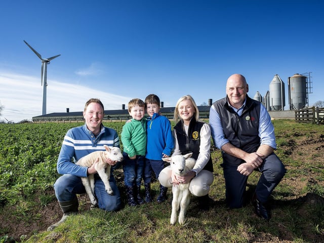Pictured on Craighall Farm in Antrim are farm host William Clark, Freddie Miller (3), Max Miller (4) from Antrim, Lauren Finlay Regional Manager NFU Mutual, John McLenaghan Deputy President Ulster Farmers’ Union