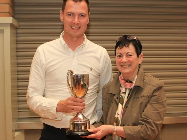 Edward Orr Memorial Perpetual cup for best bull calf born in the year of the show won by Shane & Paul McDonald for COOLCRAN TITAN. Pictured is Paul and Clogher show secretary, Ruth Montgomery