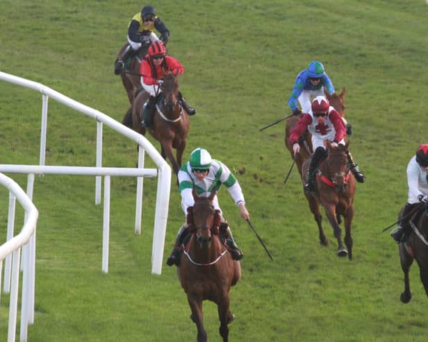 Sansrisk, trained by Philip Dempsey with top amateur Finny Maguire in the saddle, makes all to beat favourite Ellen Kelly in the concluding bumper. (Pic: Freelance)