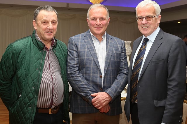 John Henning (right) guest speaker at Fermanagh Grassland Club's annual dinner and prizegiving, meeting with (from left) Gordon Thompson, Kesh and Robin Clements, club chairman. Pic: Raymond Humphreys