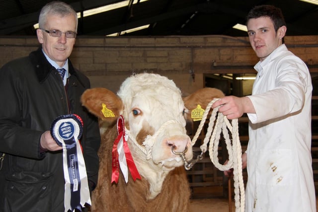 John Henning, head of agricultural relations, Northern Bank, congratulates Andrew Clarke, who exhibited the reserve female champion Drumbulcan Bianca on behalf of Kenneth Stubbs, Irvinestown. Picture: Julie Hazelton