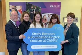 Celebrating the revalidation of Food degree courses at CAFRE, Loughry Campus are Fintan McCann (Head of Food Education, CAFRE) with Food students Keeva McAllister (Ballynahinch), Emma Donnelly (Newry), Jessica Acheson (Armagh) and Dr Gillian Stevenson (Senior Lecturer, CAFRE).